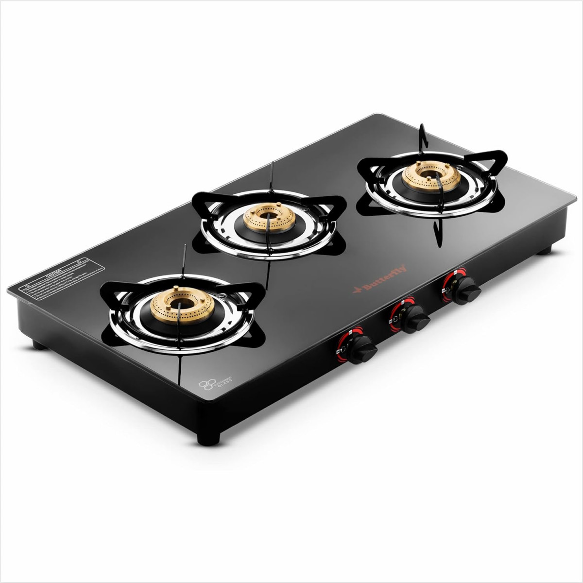 Butterfly Rapid 3B Auto Ignition LPG Glass Top Stove 3 Burners Black