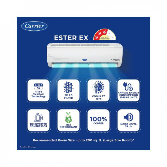 Carrier 2 Ton 3 Star AI Flexicool Inverter Split AC (Copper, Convertible 4-in-1 Cooling,Dual Filtration with HD & PM 2.5 Filter, Auto Cleanser, 2023 Model,ESTER Exi - CAI24ES3R32F0,White)