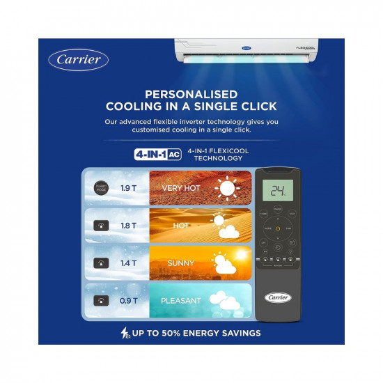 Carrier 2 Ton 3 Star AI Flexicool Inverter Split AC (Copper, Convertible 4-in-1 Cooling,Dual Filtration with HD & PM 2.5 Filter, Auto Cleanser, 2023 Model,ESTER Exi - CAI24ES3R32F0,White)