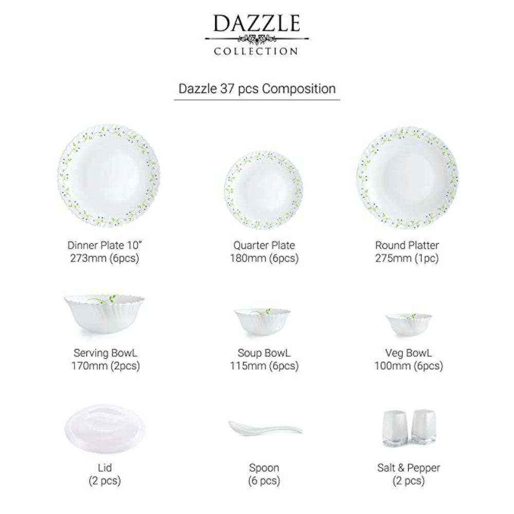 Cello Opalware Dazzle Tropical Lagoon Dinner Set, 37Pcs, White