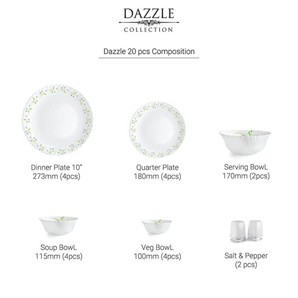 Cello Opalware Tropical Lagoon Dazzle Series Dinner Set (Service for 4, White) -20 Pieces