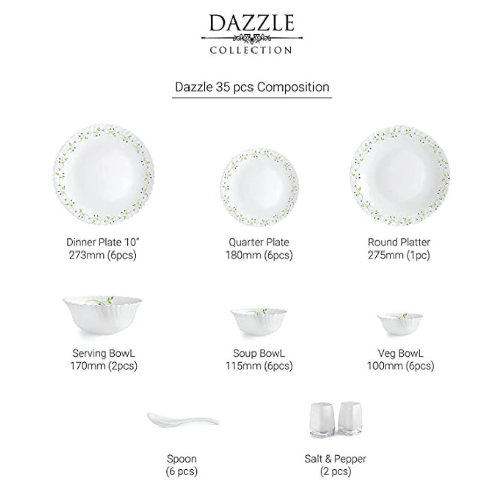 Cello Tropical Lagoon Dazzle Series Opalware Dinner Set, 35-Pieces, Service for 6, White