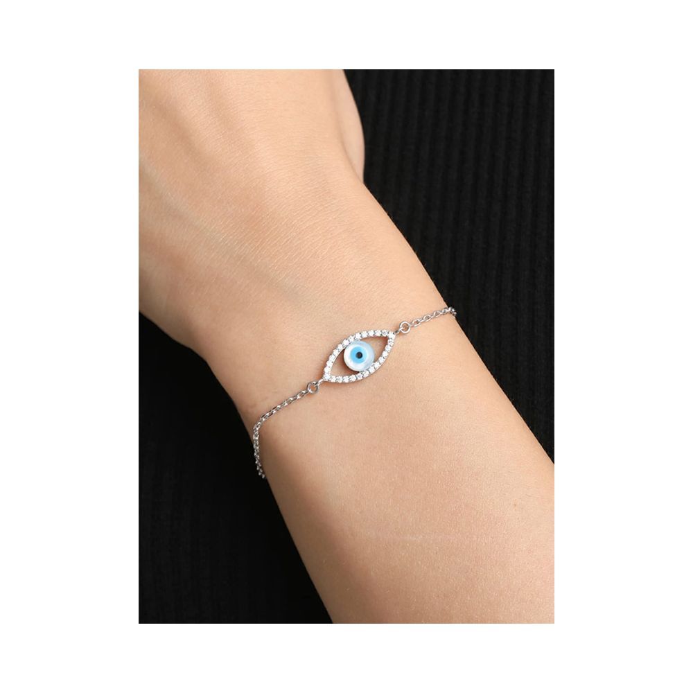 CLARA 925 Sterling Silver Evil Eye Halo Bracelet | Adjustable, Rhodium Plated, Swiss Zirconia