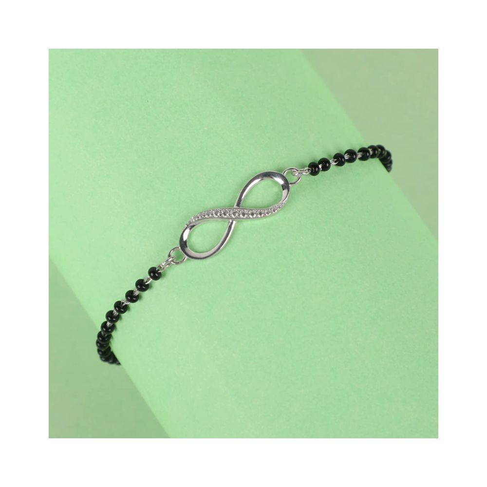 CLARA 925 Sterling Silver Infinity Hand Mangalsutra Bracelet | Black Beads, Rhodium Plated | Gift for Wife