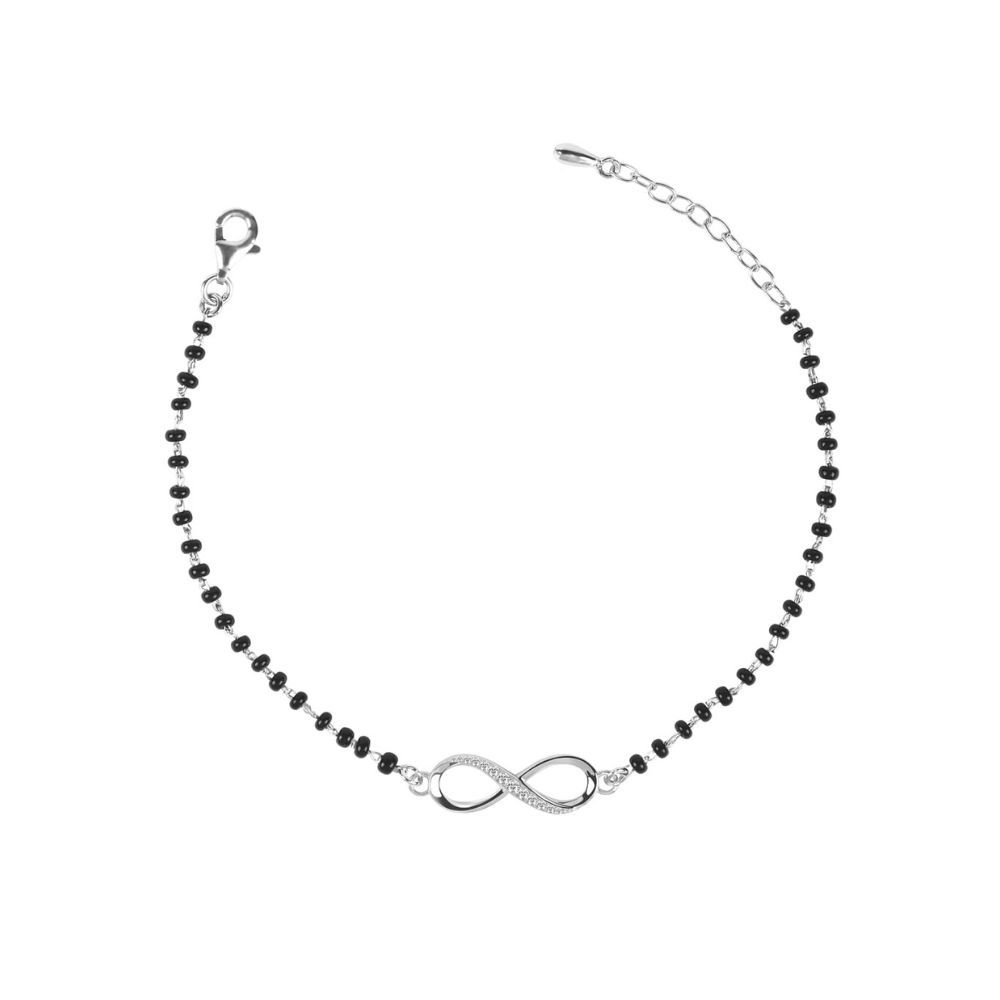 CLARA 925 Sterling Silver Infinity Hand Mangalsutra Bracelet | Black Beads, Rhodium Plated | Gift for Wife