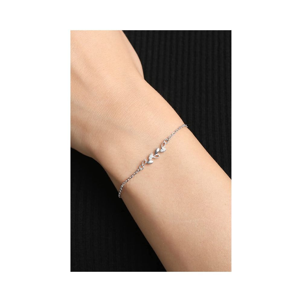 CLARA 925 Sterling Silver Leaf Bracelet | Adjustable, Rhodium Plated, Swiss Zirconia | Gift for Women and Girls
