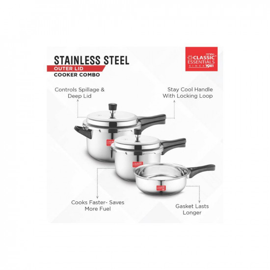 Classic Essentials Stainless Steel Outer Lid Cooker Combo 2 3 5 Litre Capacity  ISI Certified  Induction and Gas Stove Compatible  Dishwasher Safe  Food Safe  Pressure Cooker Silver
