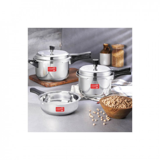 Classic Essentials Stainless Steel Outer Lid Cooker Combo 2 3 5 Litre Capacity  ISI Certified  Induction and Gas Stove Compatible  Dishwasher Safe  Food Safe  Pressure Cooker Silver