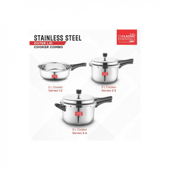 Classic Essentials Stainless Steel Outer Lid Cooker Combo 2 3 5 Litre Capacity  ISI Certified  Induction and Gas Stove Compatible  Dishwasher Safe  Food Safe  Pressure Cooker Silver
