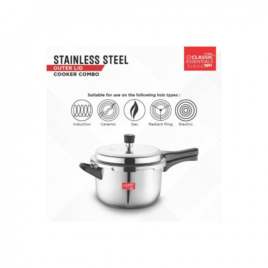 Classic Essentials Stainless Steel Outer Lid Cooker Combo 2 3 5 Litre Capacity  ISI Certified  Induction and Gas Stove Compatible  Dishwasher Safe  Food Safe  Pressure Cooker Silver