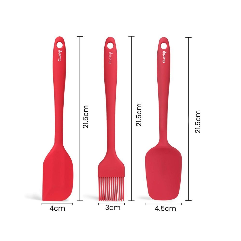Clazkit Premium Silicone Non-Stick Spatula and Brush with Scraper for Cooking, Baking and Mixing with Stainless Steel Core, 3-Pieces,Red,Length 21cm