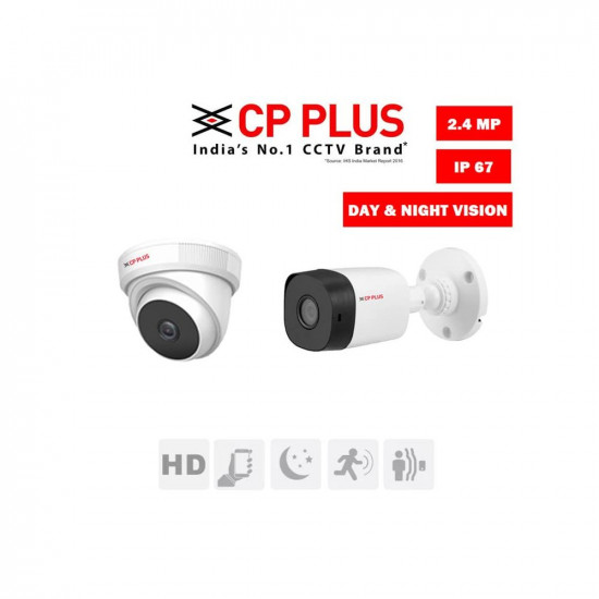 Clocite CP Plus 4 Channel DVR with 24MP 1 Dome  1 Bullet Cameras DayNight Vision  500GB HDD  Copper Cable Roll 13 4 CH Power Supply  BNC  DC Full Combo Kit