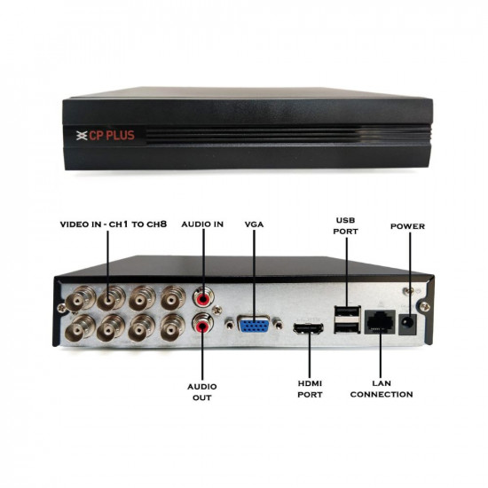 CP PLUS Full HD 8 Channel DVR with 24 MP 4 Dome  4 Bullet Cameras  2 TB HDD  31 Cable roll  8 CH Power Supply  BNC  DC Full Combo Kit
