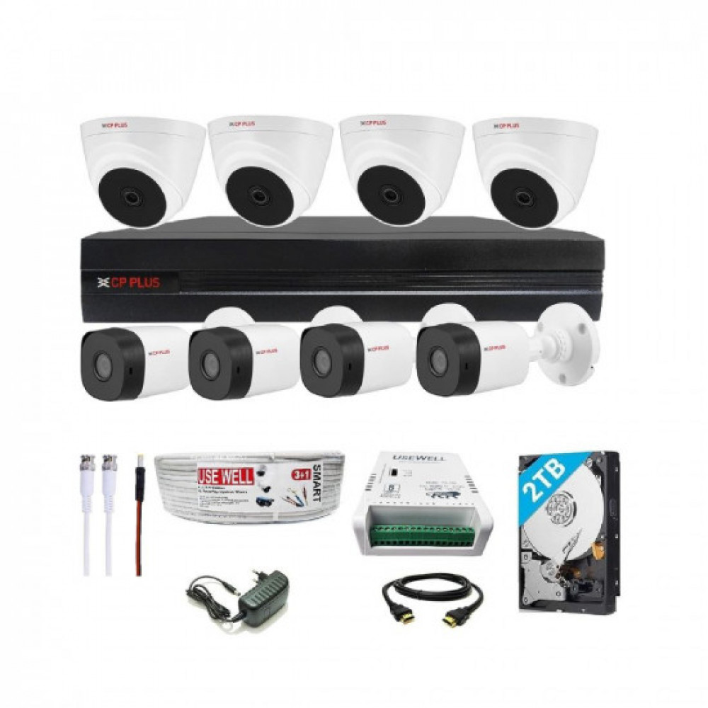 CP PLUS Full HD 8 Channel DVR with 2.4 MP 4 Dome &amp; 4 Bullet Cameras + 2 TB HDD + (3+1) Cable roll + 8 CH Power Supply + BNC &amp; DC Full Combo Kit
