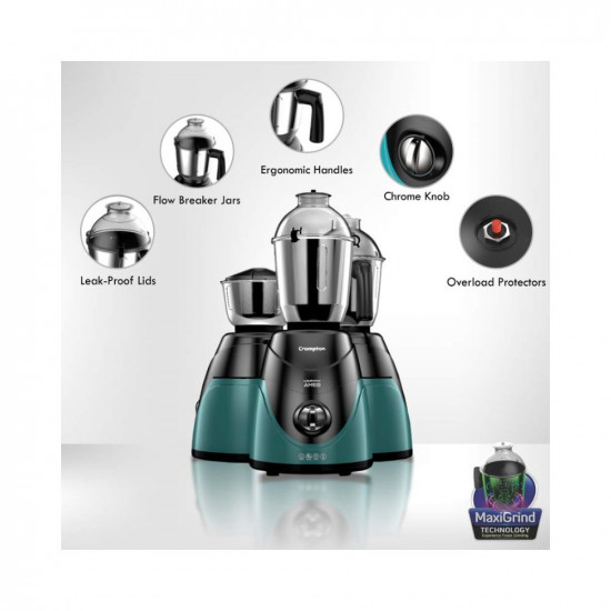 Crompton Ameo 750-Watt Mixer Grinder with MaxiGrind and Motor Vent-X Technology 3 Stainless Steel Jars Black  Green