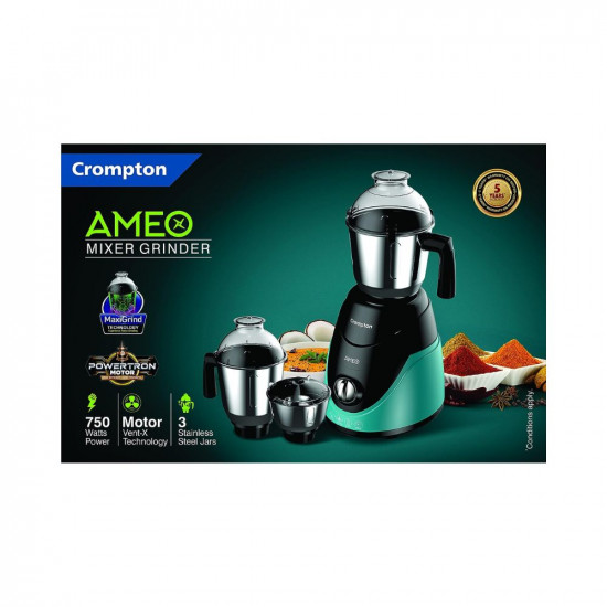 Crompton Ameo 750-Watt Mixer Grinder with MaxiGrind and Motor Vent-X Technology 3 Stainless Steel Jars Black  Green