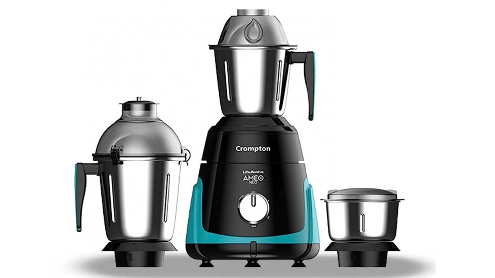 Crompton Ameo Neo 750 Watt Mixer Grinder with MaxiGrind and Motor Vent-X Technology Leakage Free Jar Chrome Plated Knob 3 Stainless Steel Jars 5 year Warranty On MotorBlack and green
