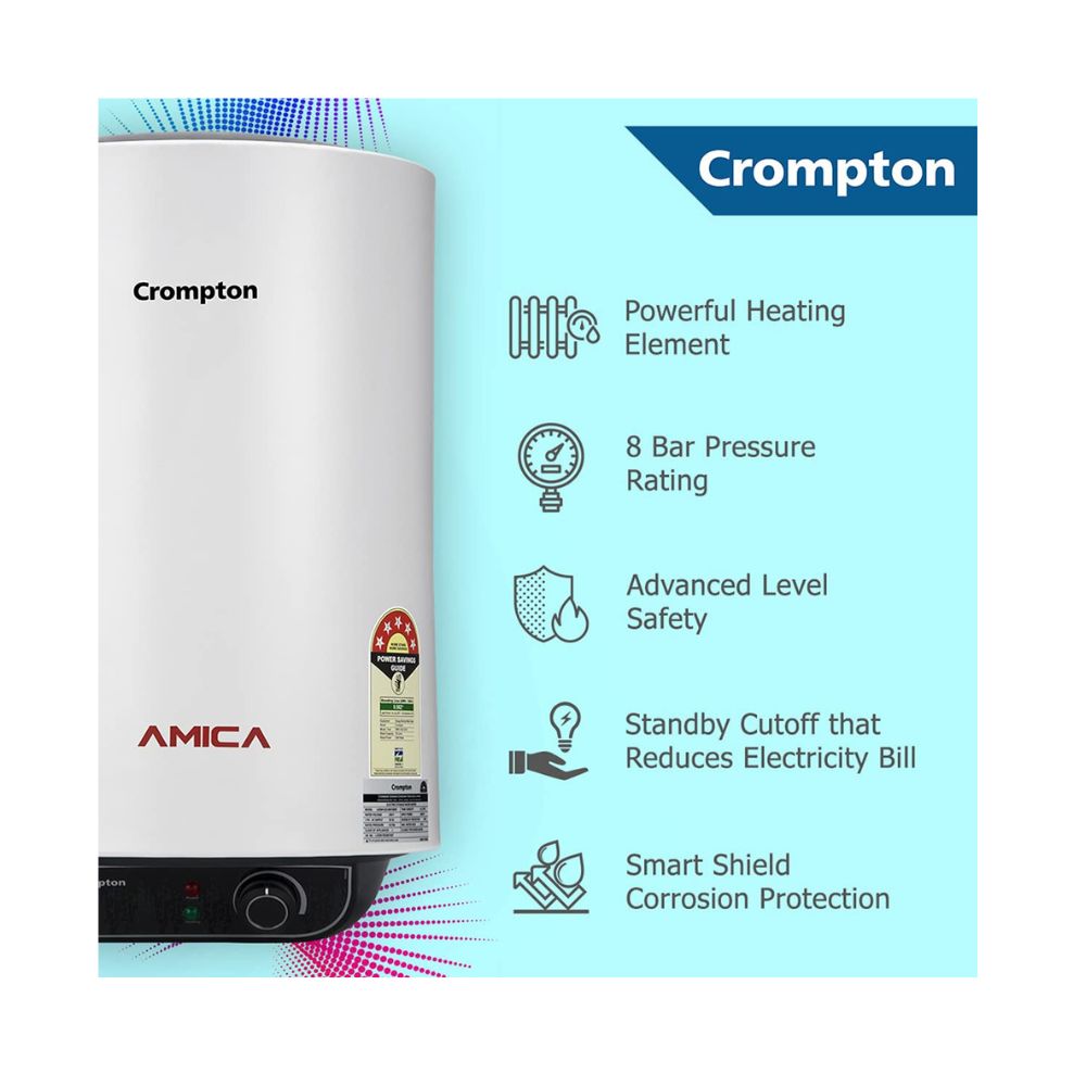 Crompton Amica 25-L 5 Star Rated Storage Water Heater (Geyser) with Free Installation and Connection Pipes (White)