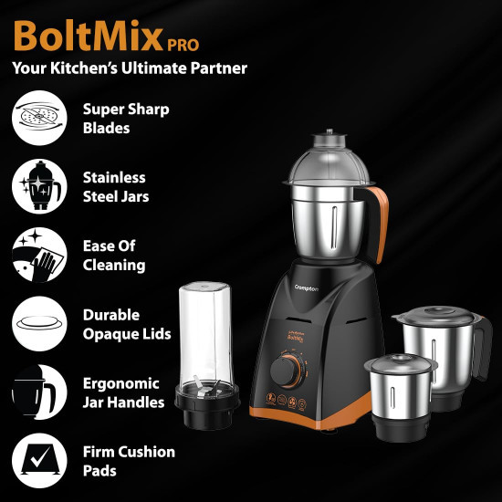 Crompton Boltmix Pro Mixer, Grinder & Blender, Heavy Duty 750W Powertron Motor, 3 Stainless steel Blade, 1 unbreakable jar & Motor Vent-X Technology