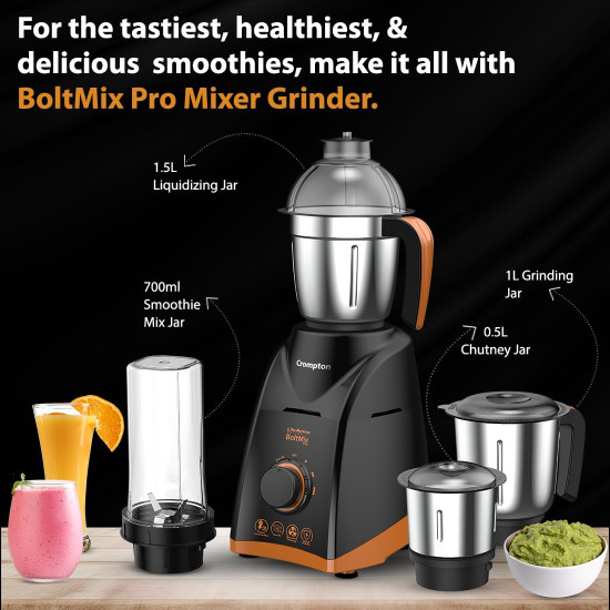 Crompton Boltmix Pro Mixer Grinder  Blender Heavy Duty 750W Powertron Motor 3 Stainless steel Blade 1 unbreakable jar  Motor Vent-X Technology