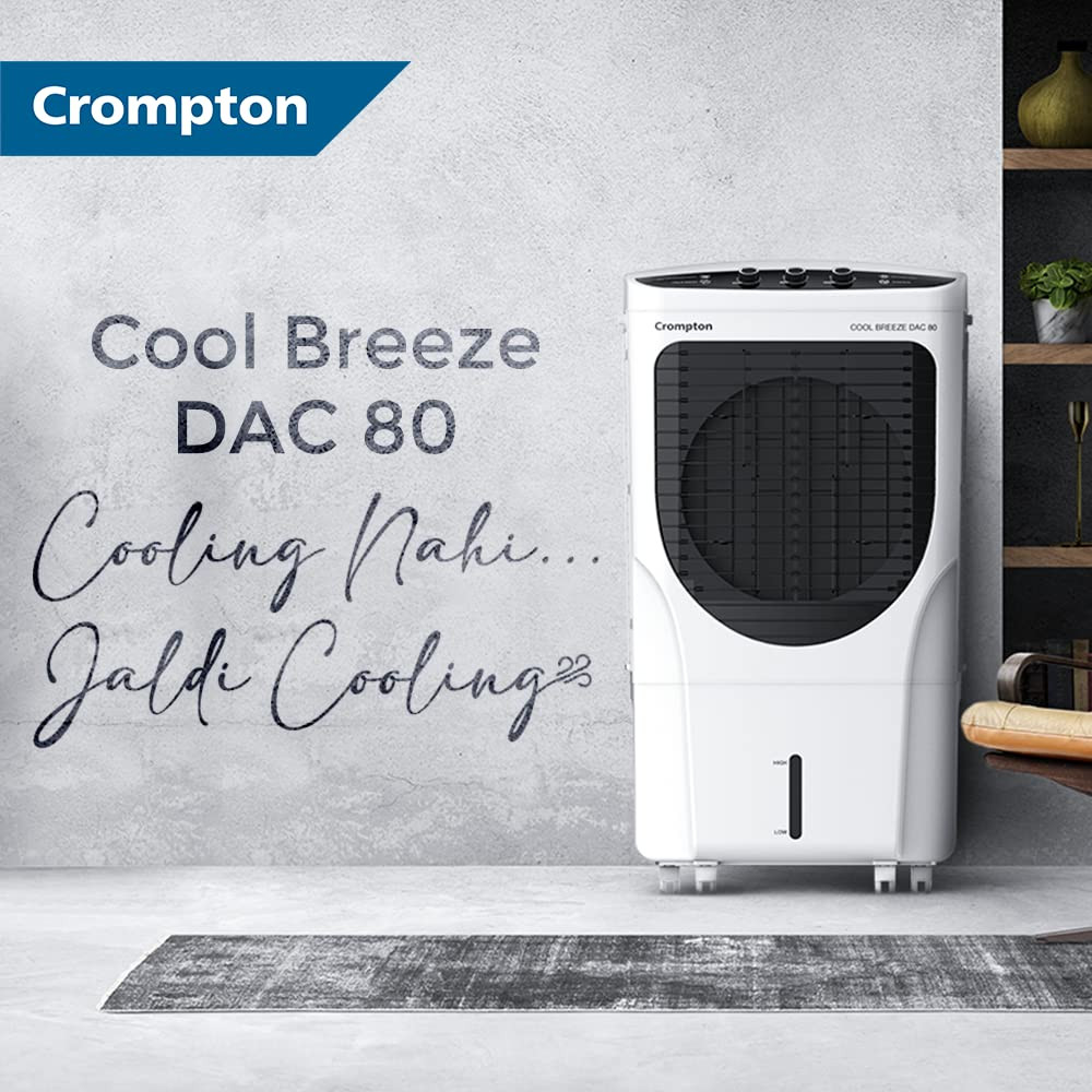 Crompton Cool Breeze DAC Desert Air Cooler- 80L with Everlast Pump 4-Way Air Deflection and Honeycomb pads White  Black