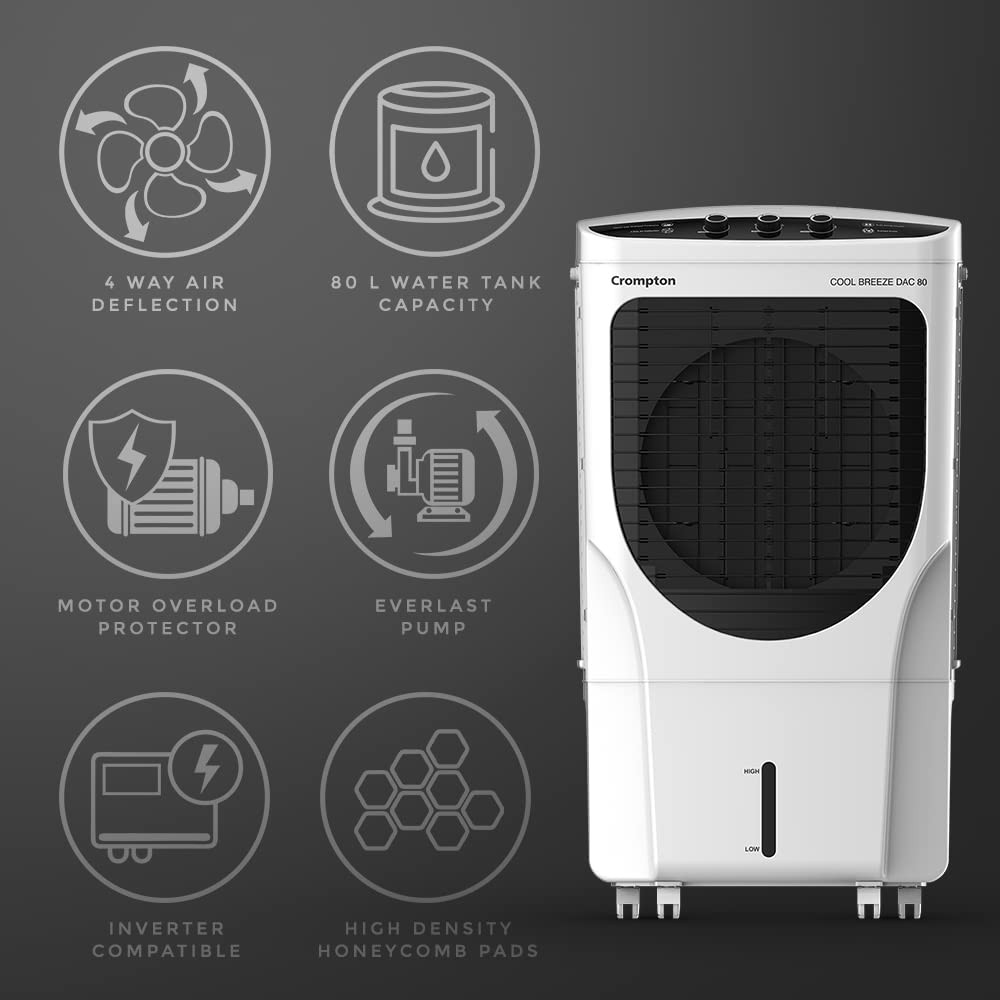 Crompton Cool Breeze DAC Desert Air Cooler- 80L with Everlast Pump 4-Way Air Deflection and Honeycomb pads White  Black