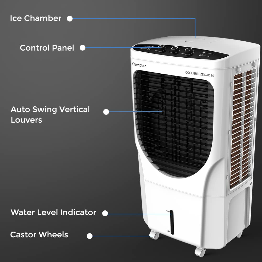 Crompton Cool Breeze DAC Desert Air Cooler- 80L with Everlast Pump 4-Way Air Deflection and Honeycomb pads White  Black