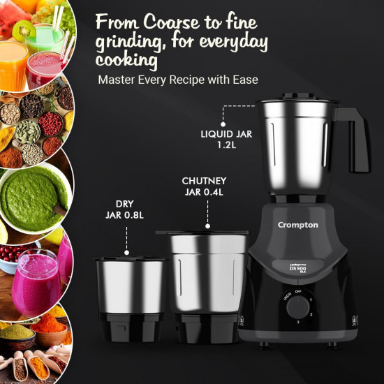 Crompton DS 500 BLK 500-Watt Mixer Grinder with Powertron Motor  Motor Vent-X Technology 3 Stainless Steel Jars Black  Grey