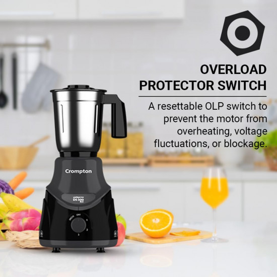 Crompton DS 500 BLK 500-Watt Mixer Grinder with Powertron Motor  Motor Vent-X Technology 3 Stainless Steel Jars Black  Grey