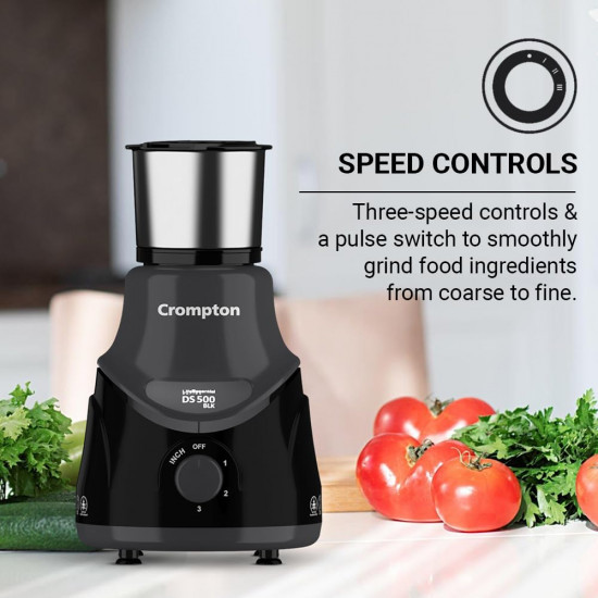 Crompton DS 500 BLK 500-Watt Mixer Grinder with Powertron Motor  Motor Vent-X Technology 3 Stainless Steel Jars Black  Grey