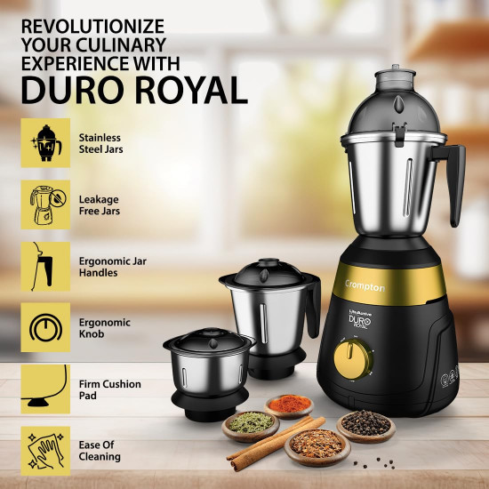 Crompton Duro Royal 750 W Mixer grinder with 3 Jars 3 stainless steel Jars with lid lock Maxi Grind Technology  Food Grade JarsBlack