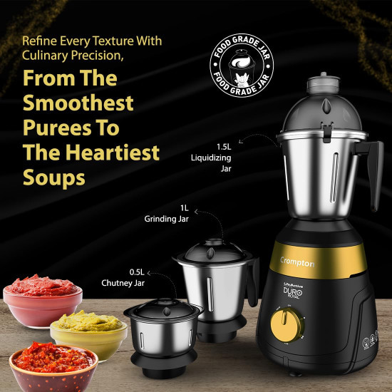 Crompton Duro Royal 750 W Mixer grinder with 3 Jars 3 stainless steel Jars with lid lock Maxi Grind Technology  Food Grade JarsBlack