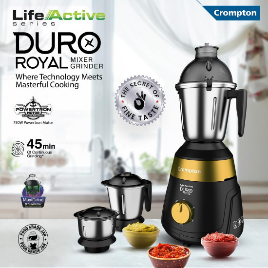 Crompton Duro Royal 750 W Mixer grinder with 3 Jars 3 stainless steel Jars with lid lock Maxi Grind Technology  Food Grade JarsBlack