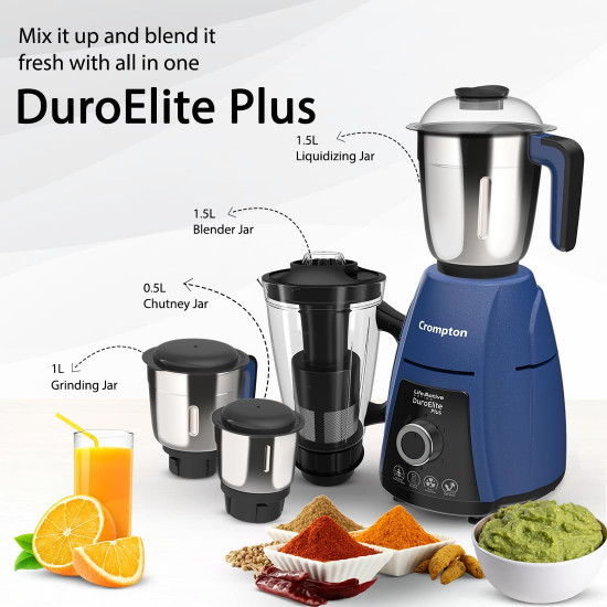 Crompton DuroElite Plus 800 W Mixer Grinder with 4 Jars 3 Stainless Steel Jars 15L Juicer Jar with Fruit Filter Heavy Duty Powertron Motor  Motor Vent-X Technology Blue