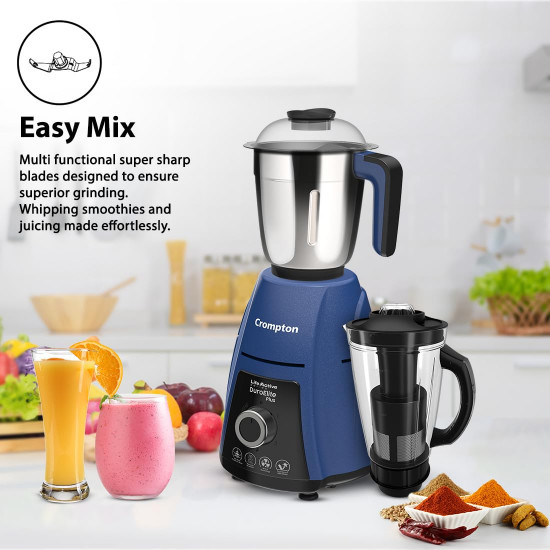 Crompton DuroElite Plus 800 W Mixer Grinder with 4 Jars 3 Stainless Steel Jars 15L Juicer Jar with Fruit Filter Heavy Duty Powertron Motor  Motor Vent-X Technology Blue