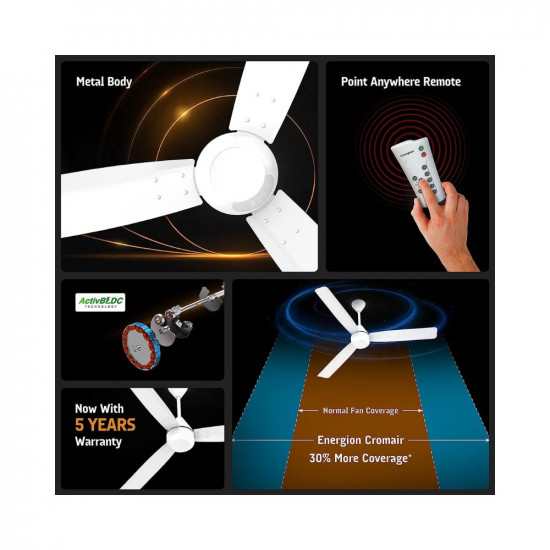 Crompton Energion Cromair 1200Mm (48 Inch) BLDC Ceiling Fan High Speed 5S 28W Energy Efficient With Remote (Opal White)(Aluminium), (5 Years Warranty)