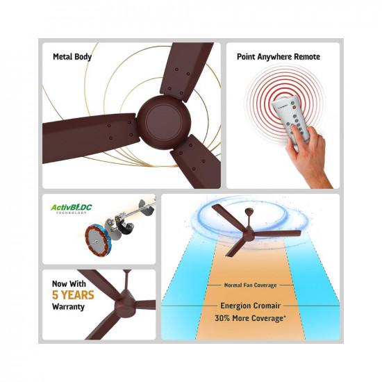 Crompton Energion Cromair 1200mm (48 inch) High Speed 5S 28W Energy Efficient BLDC Ceiling Fan with Remote (Brown), (5 Years Warranty)
