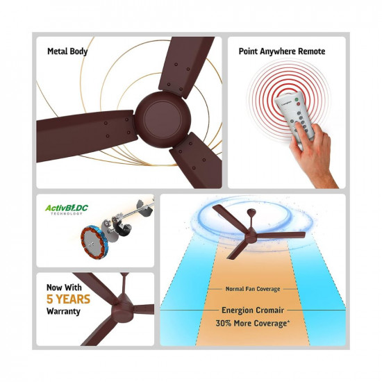 Crompton Energion Cromair 1200mm (48 inch) High Speed 5S 28W Energy Efficient BLDC Ceiling Fan with Remote (Brown)