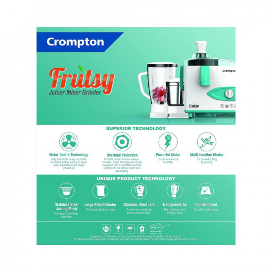 Crompton Frutsy 450-Watt Juicer Mixer Grinder with Multi-Functional Blade System 1 Stainless Steel Jar and 1 Juicer Jar White  Turquoise FRUTSY4502J