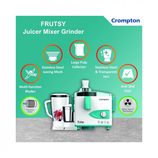 Crompton Frutsy 450-Watt Juicer Mixer Grinder with Multi-Functional Blade System 1 Stainless Steel Jar and 1 Juicer Jar White  Turquoise FRUTSY4502J