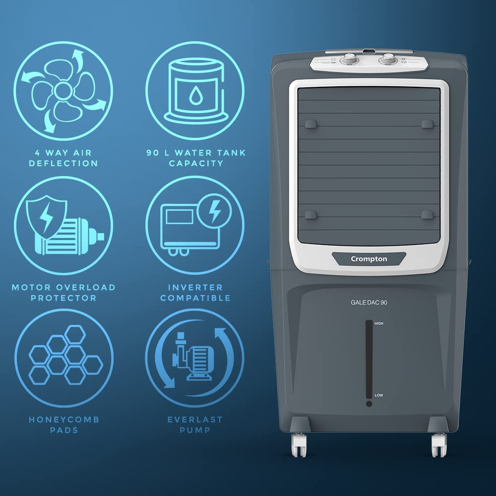 Crompton Gale 90 Litres Desert Air Cooler for home  Large  Easy Clean Ice Chamber  4-Way Air Deflection  Density Honeycomb Pads  Everlast Pump
