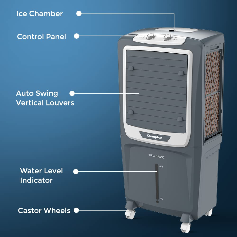 Crompton Gale 90 Litres Desert Air Cooler for home  Large  Easy Clean Ice Chamber  4-Way Air Deflection  Density Honeycomb Pads  Everlast Pump