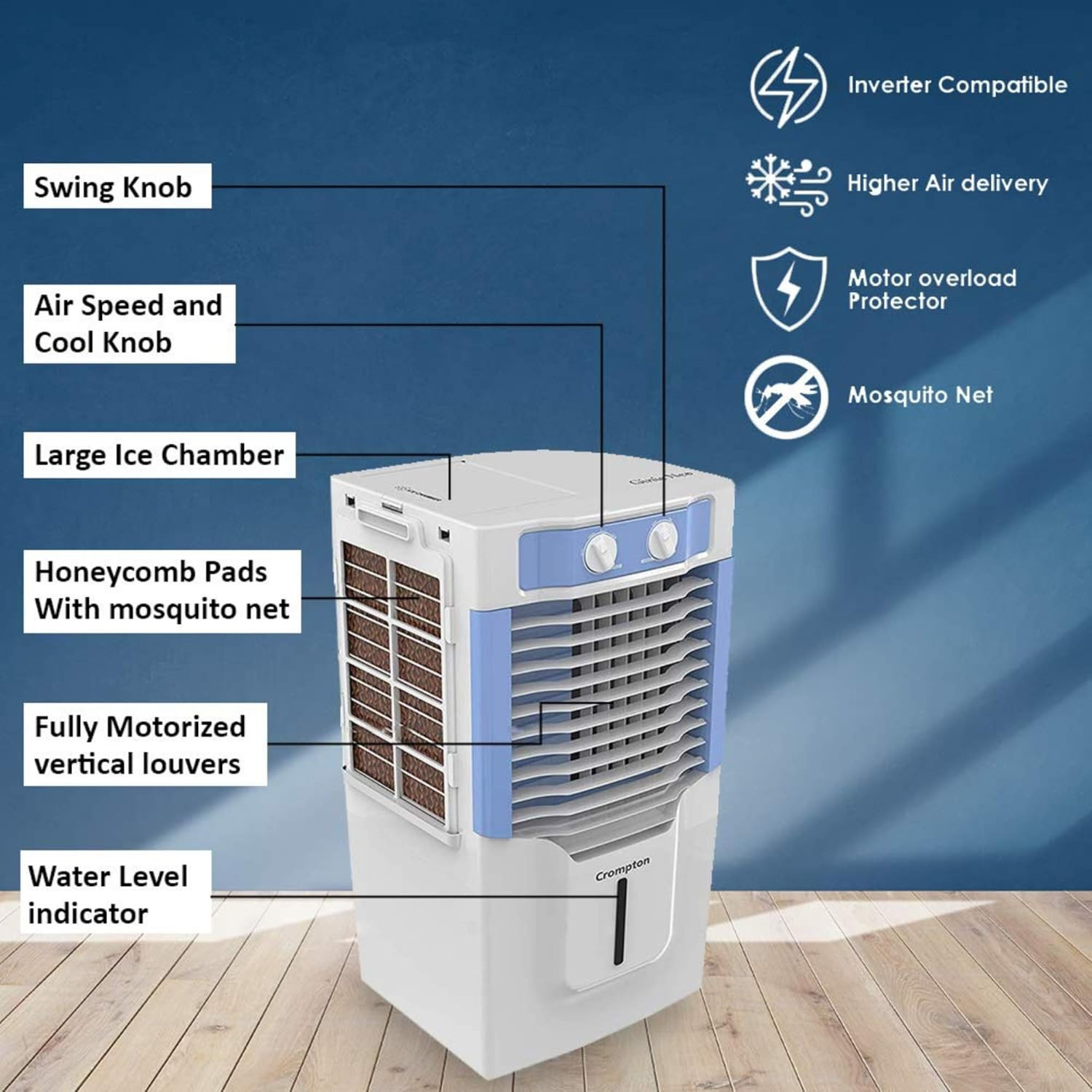 Crompton Ginie Neo Personal Air Cooler - 10L White and Light Blue
