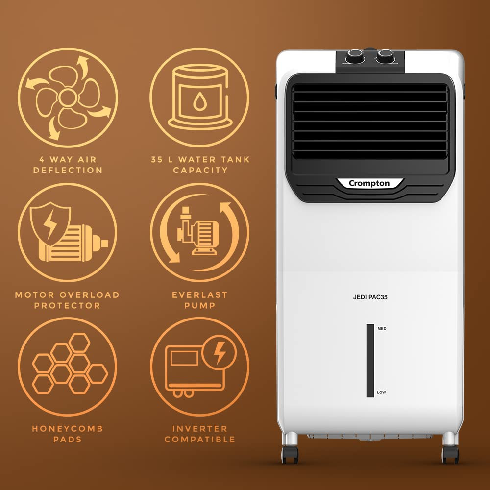 Crompton Jedi PAC 35 Litre Personal Air Cooler for home  Honeycomb pads  4-way Air Deflection  Ice Chamber  Everlast Pump  Inverter Compatible