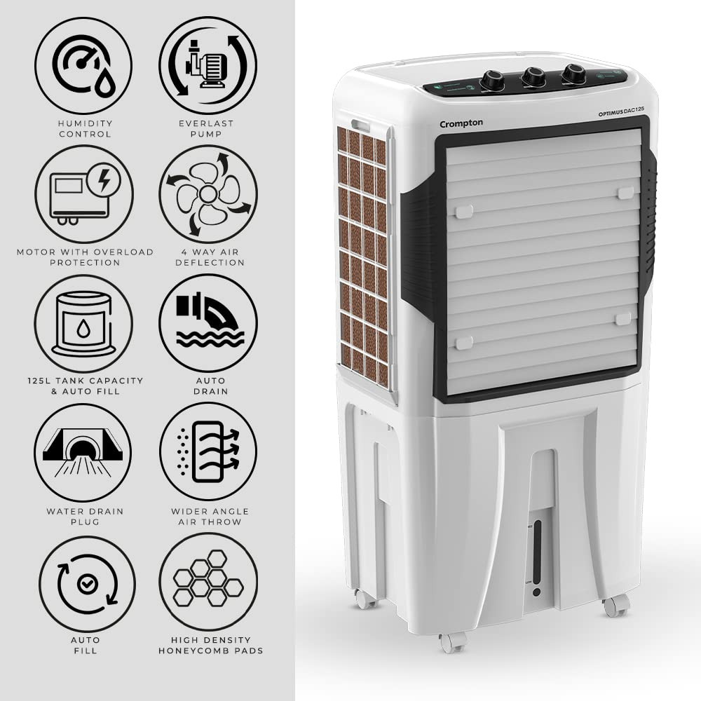 Crompton Optimus 125 Litres Desert Air Cooler for home  Large  Easy Clean Ice Chamber  High Density Honeycomb Pads  Auto-Fill  Drain  Everlast Pump  Humidity Control