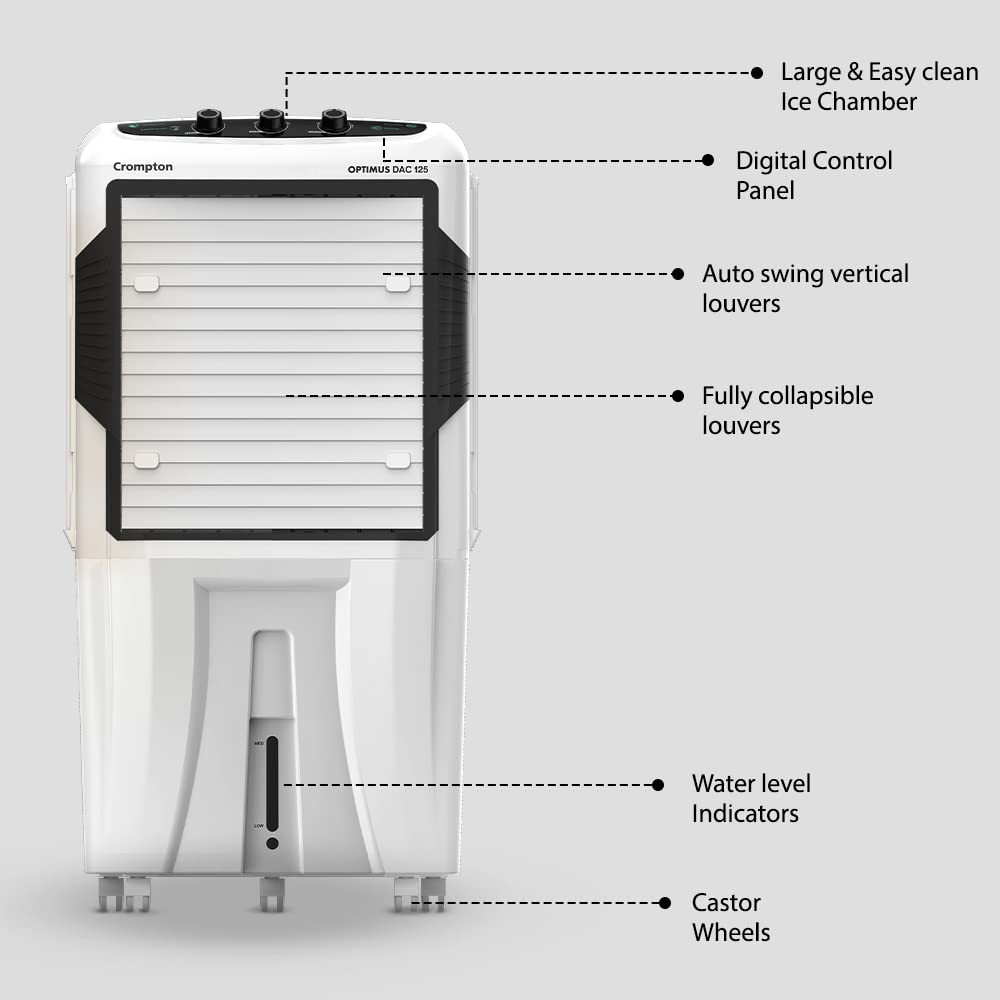 Crompton Optimus 125 Litres Desert Air Cooler for home  Large  Easy Clean Ice Chamber  High Density Honeycomb Pads  Auto-Fill  Drain  Everlast Pump  Humidity Control