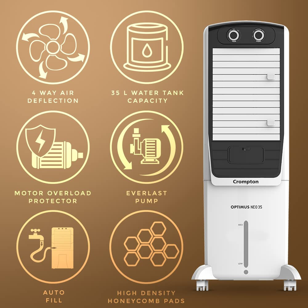 Crompton Optimus Neo 35 Litres Tower Air Cooler for home  Easy Clean Ice Chamber  4-Way Air Deflection  High Density Honeycomb Pads  Everlast Pump