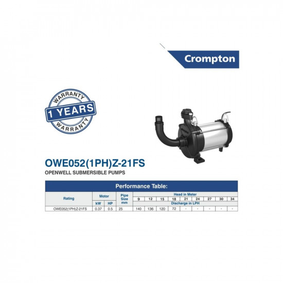Crompton OWE052(1PH) Z-21FS Centrifugal Openwell Submersible Pump 0.5 HP Single Phase