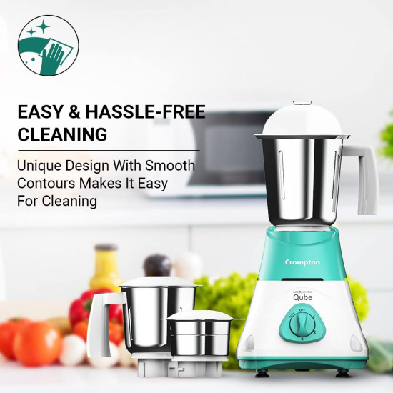 CROMPTON QUBE 3J 750W POWERTRON MOTOR MIXER GRINDER MOTOR VENT-X TECHNOLOGY 3 STAINLESS STEEL JARS SEAGREEN  WHITE