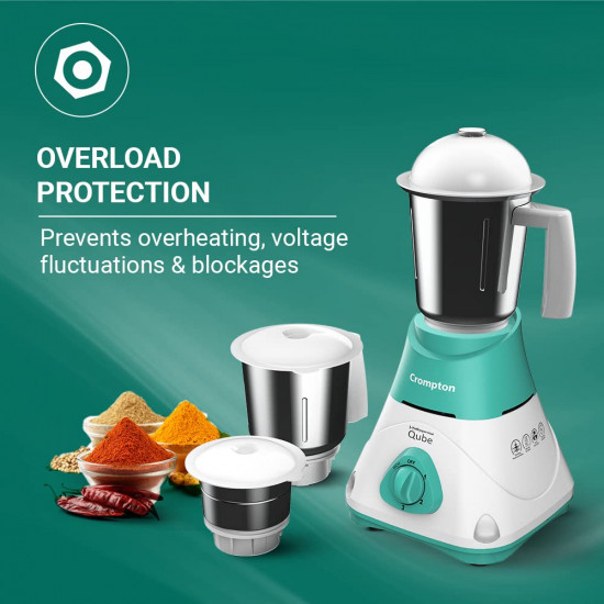 CROMPTON QUBE 3J 750W POWERTRON MOTOR MIXER GRINDER MOTOR VENT-X TECHNOLOGY 3 STAINLESS STEEL JARS SEAGREEN  WHITE